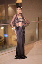Black Satin Draped Saree Skirt Set with Embroidered Sheer Cape